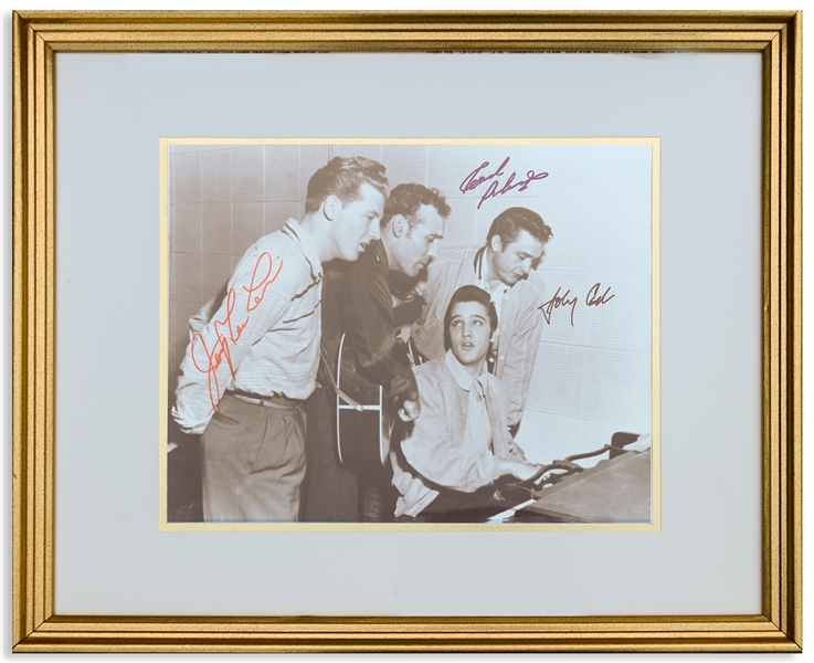 Jerry Lee Lewis, Johnny Cash & Carl Perkins Signed 14'' x 11'' Photo of the ''Million Dollar Quartet'' Jam Session With Elvis Presley